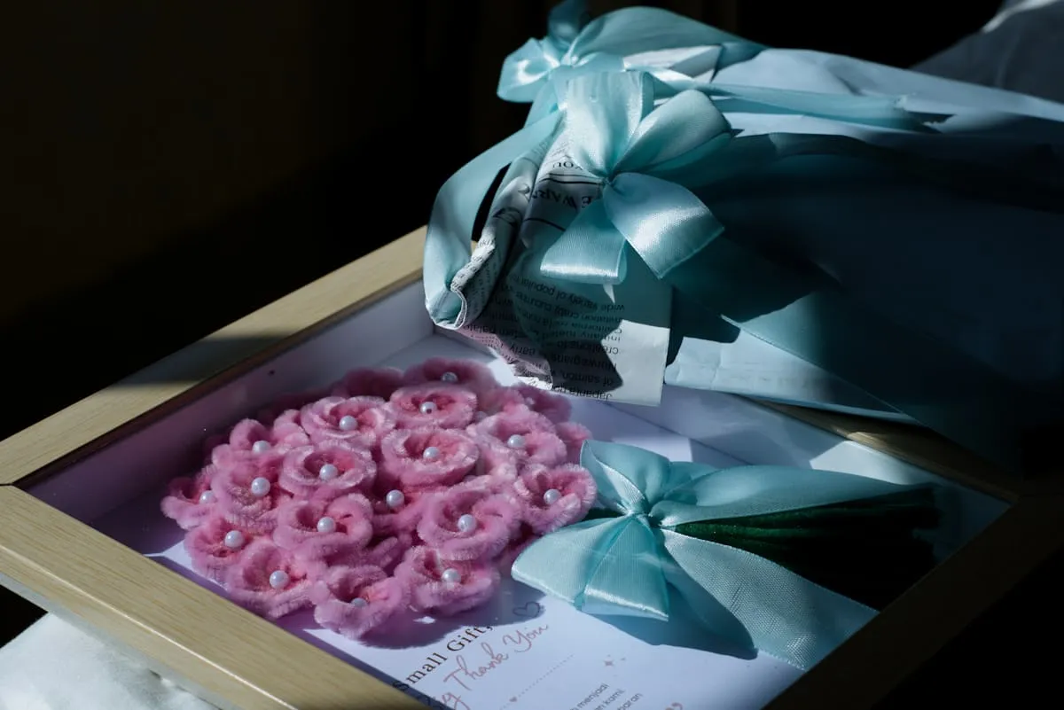 Decorative satin flowers and folded teal textile